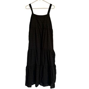 The Drop Women Black Eyelet Tiered Midi Dress Square Neck Cotton Pockets Size M